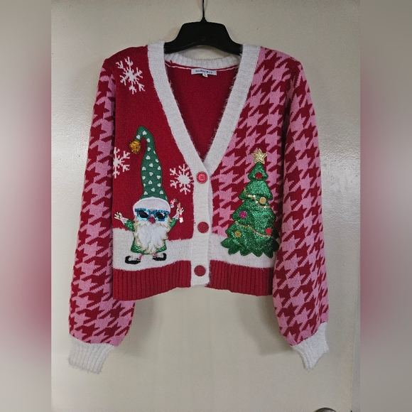 Hooked Up Juniors' Embellished Elf Ugly Christmas Cardigan Sweater - Size M - Picture 2 of 3